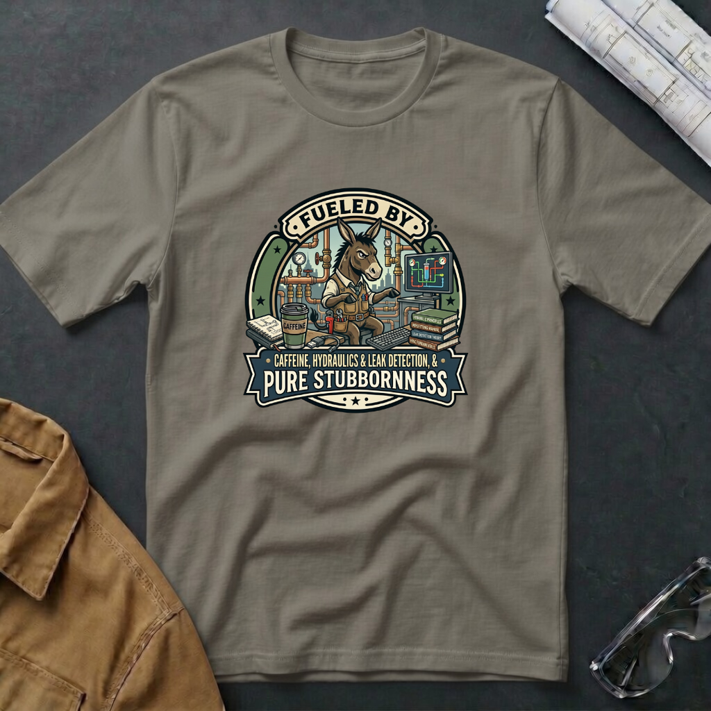 Fueled by Caffeine, Hydraulics & Leak Detection, & Pure Stubbornness T-Shirt
